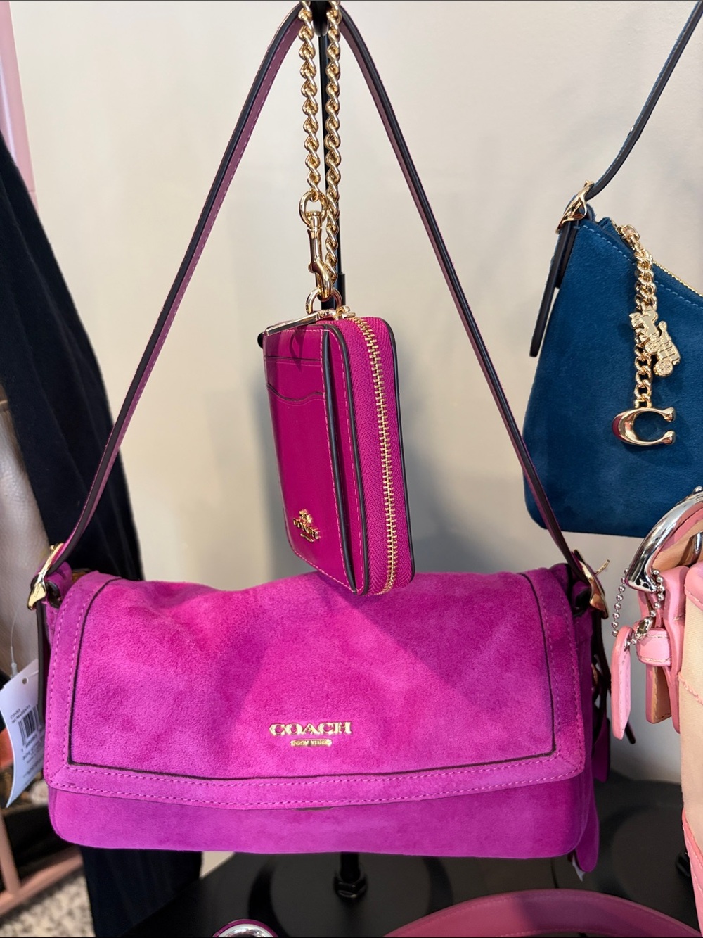NWT Coach Suede Shoulder Bag & matching wallet in Fuchsia